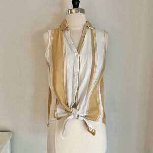 Thread & Supply Linen Yellow Ivory Stripe Sleeveless Collared Tie-Front Top, L